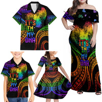 Personalised Its In My DNA Valentine Day Family Matching Off Shoulder Maxi Dress and Hawaiian Shirt Fingerprint Heart with Color Pride Flag LT9 - Polynesian Pride