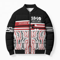 Personalised Toitu Te Tiriti Aotearoa 1840 Bomber Puffer Jacket Red Kowhaiwhai Puhoro LT9 Unisex Black - Polynesian Pride