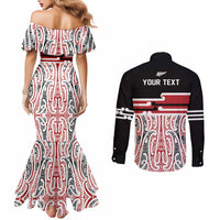 Personalised Toitu Te Tiriti Aotearoa 1840 Couples Matching Mermaid Dress and Long Sleeve Button Shirt Red Kowhaiwhai Puhoro - Polynesian Pride