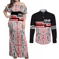 Personalised Toitu Te Tiriti Aotearoa 1840 Couples Matching Off Shoulder Maxi Dress and Long Sleeve Button Shirt Red Kowhaiwhai Puhoro - Polynesian Pride