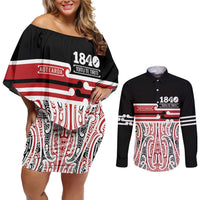 Personalised Toitu Te Tiriti Aotearoa 1840 Couples Matching Off Shoulder Short Dress and Long Sleeve Button Shirt Red Kowhaiwhai Puhoro - Polynesian Pride