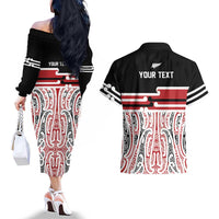 Personalised Toitu Te Tiriti Aotearoa 1840 Couples Matching Off The Shoulder Long Sleeve Dress and Hawaiian Shirt Red Kowhaiwhai Puhoro - Polynesian Pride