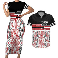 Personalised Toitu Te Tiriti Aotearoa 1840 Couples Matching Short Sleeve Bodycon Dress and Hawaiian Shirt Red Kowhaiwhai Puhoro - Polynesian Pride