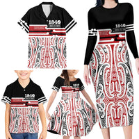 Personalised Toitu Te Tiriti Aotearoa 1840 Family Matching Long Sleeve Bodycon Dress and Hawaiian Shirt Red Kowhaiwhai Puhoro - Polynesian Pride