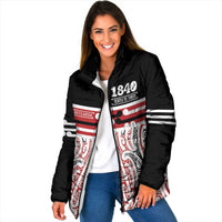 Personalised Toitu Te Tiriti Aotearoa 1840 Padded Jacket Red Kowhaiwhai Puhoro LT9 Women Black - Polynesian Pride