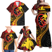 Papua New Guinea Tribal Tattoo Family Matching Off Shoulder Maxi Dress and Hawaiian Shirt 50th Independence Anniversary