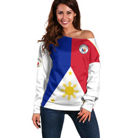 (Custom Text And Number) Philippines Concept Home Football Off Shoulder Sweater Pilipinas Flag White Style 2023 LT9 Women White - Polynesian Pride