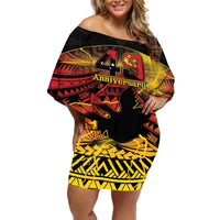 Personalised Papua New Guinea 49th Anniversary Off Shoulder Short Dress Bird of Paradise Unity In Diversity LT9 Women Black - Polynesian Pride