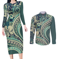 Hawaiian Hibiscus Tribal Vintage Motif Couples Matching Long Sleeve Bodycon Dress and Long Sleeve Button Shirt Ver 1