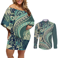 Hawaiian Hibiscus Tribal Vintage Motif Couples Matching Off Shoulder Short Dress and Long Sleeve Button Shirt Ver 1 LT9 Sea Green - Polynesian Pride