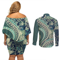 Hawaiian Hibiscus Tribal Vintage Motif Couples Matching Off Shoulder Short Dress and Long Sleeve Button Shirt Ver 1 LT9 - Polynesian Pride