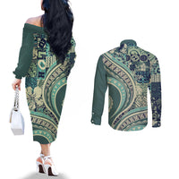 Hawaiian Hibiscus Tribal Vintage Motif Couples Matching Off The Shoulder Long Sleeve Dress and Long Sleeve Button Shirt Ver 1