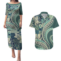 Hawaiian Hibiscus Tribal Vintage Motif Couples Matching Puletasi and Hawaiian Shirt Ver 1 LT9 Sea Green - Polynesian Pride