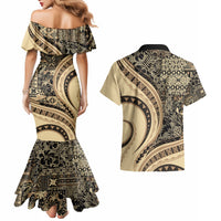 Hawaiian Hibiscus Tribal Vintage Motif Couples Matching Mermaid Dress and Hawaiian Shirt Ver 2