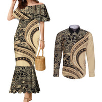 Hawaiian Hibiscus Tribal Vintage Motif Couples Matching Mermaid Dress and Long Sleeve Button Shirt Ver 2 LT9 Beige - Polynesian Pride