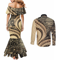 Hawaiian Hibiscus Tribal Vintage Motif Couples Matching Mermaid Dress and Long Sleeve Button Shirt Ver 2 LT9 - Polynesian Pride