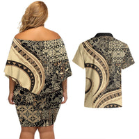 Hawaiian Hibiscus Tribal Vintage Motif Couples Matching Off Shoulder Short Dress and Hawaiian Shirt Ver 2 LT9 - Polynesian Pride