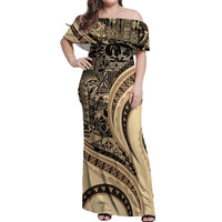 Hawaiian Hibiscus Tribal Vintage Motif Off Shoulder Maxi Dress Ver 2 LT9 Women Beige - Polynesian Pride