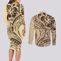 Hawaiian Hibiscus Tribal Vintage Motif Couples Matching Long Sleeve Bodycon Dress and Long Sleeve Button Shirt Ver 3