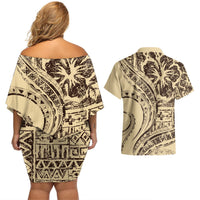 Hawaiian Hibiscus Tribal Vintage Motif Couples Matching Off Shoulder Short Dress and Hawaiian Shirt Ver 3 LT9 - Polynesian Pride