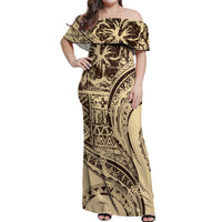 Hawaiian Hibiscus Tribal Vintage Motif Off Shoulder Maxi Dress Ver 3 LT9 Women Beige - Polynesian Pride