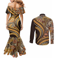Hawaiian Hibiscus Tribal Vintage Motif Couples Matching Mermaid Dress and Long Sleeve Button Shirt Ver 4