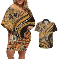 Hawaiian Hibiscus Tribal Vintage Motif Couples Matching Off Shoulder Short Dress and Hawaiian Shirt Ver 4 LT9 Gold - Polynesian Pride
