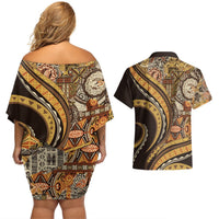 Hawaiian Hibiscus Tribal Vintage Motif Couples Matching Off Shoulder Short Dress and Hawaiian Shirt Ver 4 LT9 - Polynesian Pride