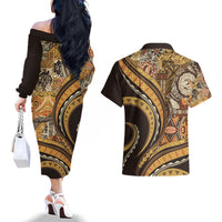 Hawaiian Hibiscus Tribal Vintage Motif Couples Matching Off The Shoulder Long Sleeve Dress and Hawaiian Shirt Ver 4