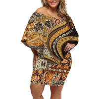 Hawaiian Hibiscus Tribal Vintage Motif Off Shoulder Short Dress Ver 4 LT9 Women Gold - Polynesian Pride