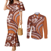 Hawaiian Hibiscus Tribal Vintage Motif Couples Matching Mermaid Dress and Long Sleeve Button Shirt Ver 5 LT9 Gold - Polynesian Pride