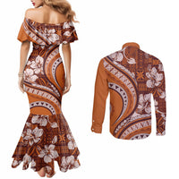 Hawaiian Hibiscus Tribal Vintage Motif Couples Matching Mermaid Dress and Long Sleeve Button Shirt Ver 5 LT9 - Polynesian Pride