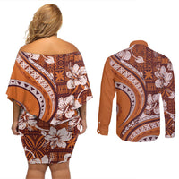Hawaiian Hibiscus Tribal Vintage Motif Couples Matching Off Shoulder Short Dress and Long Sleeve Button Shirt Ver 5