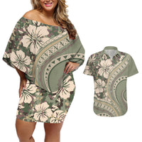 Hawaiian Hibiscus Tribal Vintage Motif Couples Matching Off Shoulder Short Dress and Hawaiian Shirt Ver 6 LT9 Green Pastel - Polynesian Pride