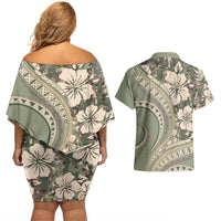 Hawaiian Hibiscus Tribal Vintage Motif Couples Matching Off Shoulder Short Dress and Hawaiian Shirt Ver 6 LT9 - Polynesian Pride
