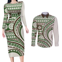 Hawaiian Hibiscus Tribal Vintage Motif Couples Matching Long Sleeve Bodycon Dress and Long Sleeve Button Shirt Ver 7