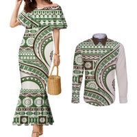 Hawaiian Hibiscus Tribal Vintage Motif Couples Matching Mermaid Dress and Long Sleeve Button Shirt Ver 7 LT9 Green - Polynesian Pride