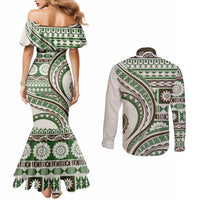 Hawaiian Hibiscus Tribal Vintage Motif Couples Matching Mermaid Dress and Long Sleeve Button Shirt Ver 7 LT9 - Polynesian Pride