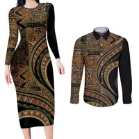 Hawaiian Hibiscus Tribal Vintage Motif Couples Matching Long Sleeve Bodycon Dress and Long Sleeve Button Shirt Ver 8