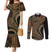 Hawaiian Hibiscus Tribal Vintage Motif Couples Matching Mermaid Dress and Long Sleeve Button Shirt Ver 8 LT9 Brown - Polynesian Pride