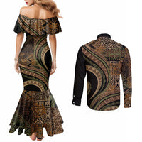 Hawaiian Hibiscus Tribal Vintage Motif Couples Matching Mermaid Dress and Long Sleeve Button Shirt Ver 8 LT9 - Polynesian Pride