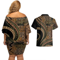 Hawaiian Hibiscus Tribal Vintage Motif Couples Matching Off Shoulder Short Dress and Hawaiian Shirt Ver 8 LT9 - Polynesian Pride