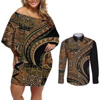 Hawaiian Hibiscus Tribal Vintage Motif Couples Matching Off Shoulder Short Dress and Long Sleeve Button Shirt Ver 8 LT9 Brown - Polynesian Pride