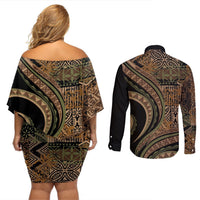 Hawaiian Hibiscus Tribal Vintage Motif Couples Matching Off Shoulder Short Dress and Long Sleeve Button Shirt Ver 8 LT9 - Polynesian Pride
