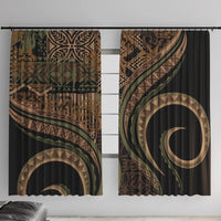 Hawaiian Hibiscus Tribal Vintage Motif Window Curtain Ver 8 LT9 With Hooks Brown - Polynesian Pride