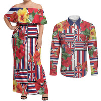 Hawaii Hibiscus Lei Couples Matching Off Shoulder Maxi Dress and Long Sleeve Button Shirt Hawaiian Flag Motif LT9 Red - Polynesian Pride