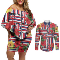 Hawaii Hibiscus Lei Couples Matching Off Shoulder Short Dress and Long Sleeve Button Shirt Hawaiian Flag Motif LT9 Red - Polynesian Pride