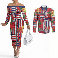 Hawaii Hibiscus Lei Couples Matching Off The Shoulder Long Sleeve Dress and Long Sleeve Button Shirt Hawaiian Flag Motif LT9 Red - Polynesian Pride