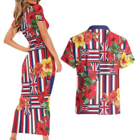 Hawaii Hibiscus Lei Couples Matching Short Sleeve Bodycon Dress and Hawaiian Shirt Hawaiian Flag Motif LT9 - Polynesian Pride