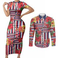 Hawaii Hibiscus Lei Couples Matching Short Sleeve Bodycon Dress and Long Sleeve Button Shirt Hawaiian Flag Motif LT9 Red - Polynesian Pride